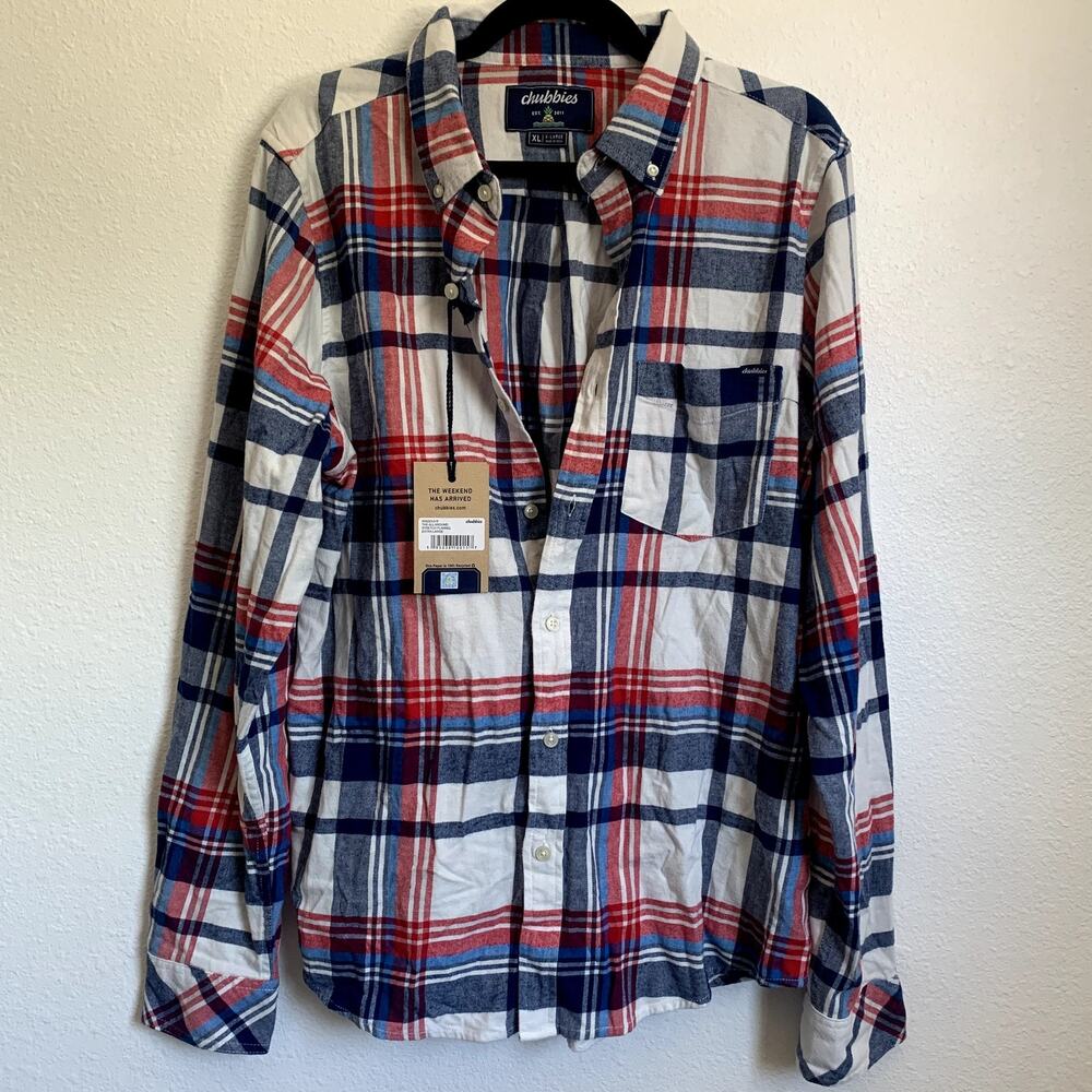 chubbies Men’s Casual Button-Down Plaid Shirt in Navy, Red, White